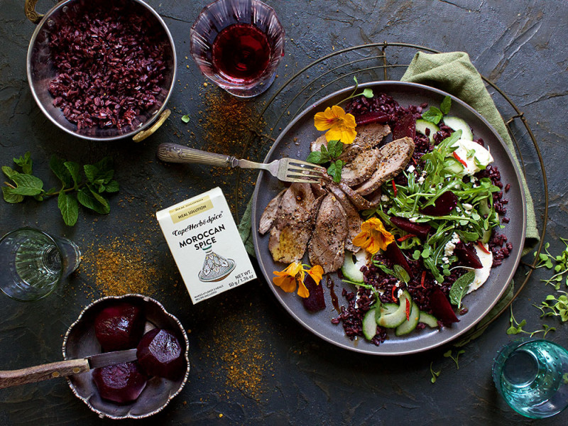 MOROCCAN LAMB STEAK WITH ROASTED BEETROOT AND WILD RICE SALAD